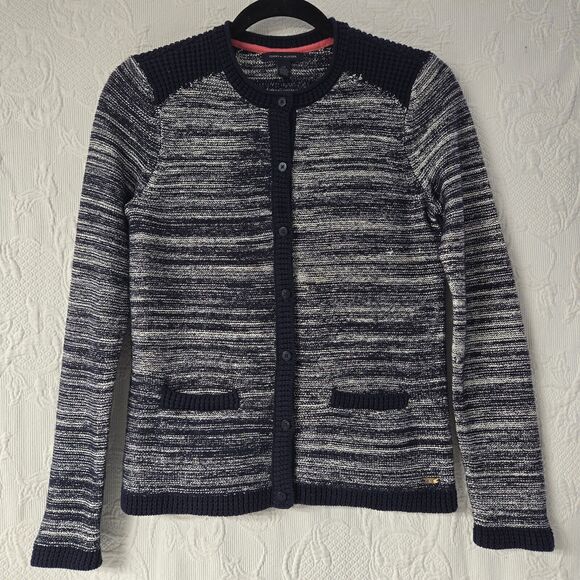Tommy Hilfiger Metallic Button Cardigan Knit Trim Women Small Pinstripes Festive - Picture 1 of 7